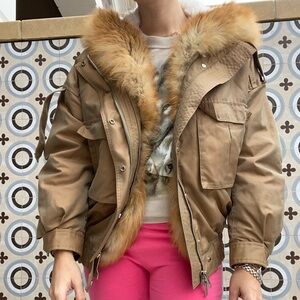 Women's Brown Real Fox Fur Lined Bomber Style Parka Jacket